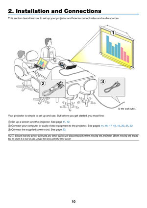 Page 19
0
This section describes how to set up your projector and how to connect video and audio sources.
2. Installation and Connections
Your projector is simple to set up and use. But before you get started, you must first:
① Set up a screen and the projector. See page 11, 12.
② Connect your computer or audio-video equipment to the projector. See pages 14, 16, 17, 18, 19, 20, 21, 22.
③ Connect the supplied power cord. See page 23.
NOTE: Ensure that the power cord and any other cables are disconnected...