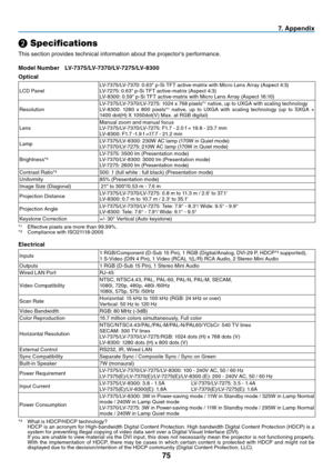 Page 84
7
7. Append  x
❷ Specifications
This section provides technical information about the projector's performance.
Model Number
  LV-7  7  /LV-7  70/LV-7  7  /LV-8  00
Opt
 cal
LCD PanelLV-7375/LV-7370: 0.63" p-Si TFT active-matrix with Micro Lens Array (Aspect 4:3)LV-7275: 0.63" p-Si TFT active-matrix (Aspect 4:3)LV-8300: 0.59" p-Si TFT active-matrix with Micro Lens Array (Aspect 16:10)
ResolutionLV-7375/LV-7370/LV-7275: 1024 x 768 pixels*¹...