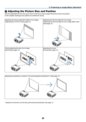 Page 37
8
 . Project  ng an Image (Bas  c Operat  on)
 Adjusting the Picture Size and Position
Use the adjustable tilt foot, the zoom lever or the focus ring to adjust the picture size and position.
i
n this chapter drawings and cables are omitted for clarity.
Adjusting the throw angle (the height of an image)
"Adjusting the Tilt Foot" (See page 29)
Adjusting the left and right tilt of an image
"Adjusting the left and right tilt of an image [Rear foot]" 
(See page 29)...