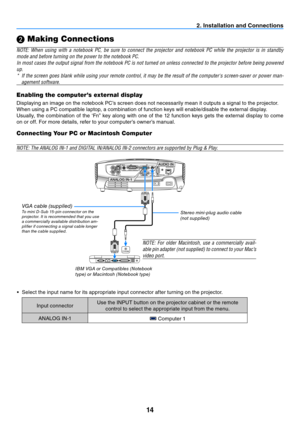 Page 2314
2. Installation and Connections
 Making Connections
NOTE:	
When	using	with	a	notebook	 PC,	be	sure	 to	connect	 the	projector	 and	notebook	 PC	while	 the	projector	 is	in	 standby	
mode	and	before	turning	on	the	power	to	the	notebook	PC.
In	 most	 cases	 the	output	 signal	from	the	notebook	 PC	is	not	 turned	 on	unless	 connected	 to	the	 projector	 before	being	powered	
up.
*	 If	 the	screen	 goes	blank	 while	using	 your	remote	 control,	 it	may	 be	the	 result	 of	the	 computer's...