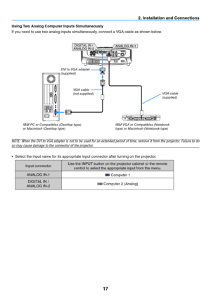 Page 2617
ANALOG IN-1
DIGITAL IN /
ANALOG IN-2
2. Installation and Connections
Using Two Analog Computer Inputs Simultaneously
If you need to use two analog inputs simultaneously, connect a VGA cable as shown below.
NOTE:	 When	the	DVI	 to	VGA	 adapter	 is	not	 to	be	 used	 for	an	extended	 period	of	time,	 remove	 it	from	 the	projector.	 Failure	to	do	
so may cause damage to the connector of the projector.
•	 Select	the	input	name	for	its	appropriate	input	connector	after	turning	on	the	projector.
Input...