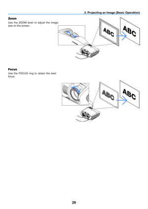 Page 3829
3. Projecting an Image (Basic Operation)
Focus
Use  the  FOCUS  ring  to  obtain  the  best 
focus.
Zoom
Use	 the	ZOOM	 lever	to	adjust	 the	image	
size on the screen. 