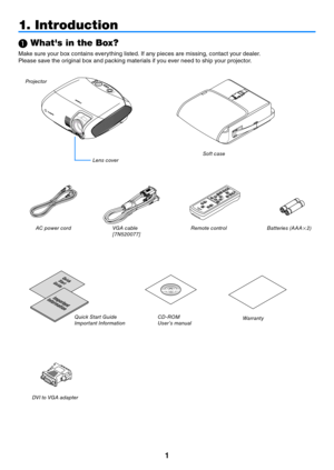 Page 101
 What's in the Box?
Make sure your box contains everything listed. If any pieces are missing, contact your dealer.
Please save the original box and packing materials if you ever need to ship your projector.
Projector
l
ens cover
a C power cord Vga cable
[ 7n 520 077] s
oft case
Quick
Start
Guide
Important
Information
Cd -r OM
User’s manual
Quick s
tart guide
i mportant i nformation
1. Introduction
remote control Batteries (aaa
2)
dV i to V ga adapter
Warranty 
