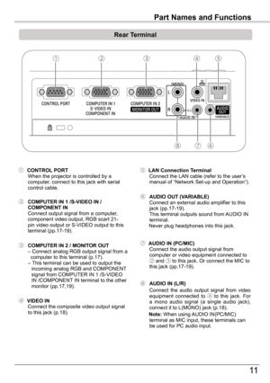 Page 11
11

Part	Names	and	Functions
‰
(MIC)-
Rear	Terminal	
②③①
⑥
⑤
⑧
④
④   VIDEO	IN  Connect the composite video output signal to this jack (p.18).
②  COMPUTER	IN	1	/S-VIDEO	IN	/	COMPONENT	IN Connect output signal from a computer, component video output, RGB scart 1-pin video output or S-VIDEO output to this terminal (pp.17-19).
⑥  AUDIO	OUT	(VARIABLE) Connect an external audio amplifier to this jack (pp.17-19). This terminal outputs sound from AUDIO IN terminal.       Never plug headphones into this...