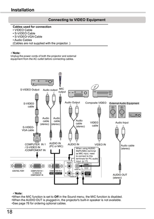 Page 18
18

Installation

Connecting	to	VIDEO	Equipment
(MIC)-
External Audio Equipment
Audio cable   (stereo)
S-VIDEO cable  
Audio Output
S-VIDEO Output  
Audio Input
AUDIO IN(PC or MIC)
S-VIDEO-VGA cable  
VIDEO cable   
COMPUTER  IN 1/ S-VIDEO IN/COMPONENT IN
VIDEO IN
Audio cable   (stereo)
AUDIO OUT (stereo)
AUDIO IN
Audio cable   (stereo)
Cables	used	for	connection		• VIDEO Cable • S-VIDEO Cable • S-VIDEO-VGA Cable • Audio Cables(Cables are not supplied with the projector. )
Note:• When the MIC function...