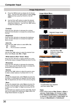 Page 36
36

Computer	Input

Image	Adjust	Menu
Image	Adjustment
Reset
Press the MENU button to display the On-Screen Menu.  Use the Point ▲▼ buttons to select Image	adjust and then press the Point ► or the OK button.
1
2Use the Point ▲▼ buttons to select the desired item and then press the OK button to display the adjustment dialog box.  Use the Point ◄► buttons to adjust the setting value.
Note:• When White balance Red, Green or blue is    adjusted, Color	temp. will change to User.• When Blackboard(Green) or...