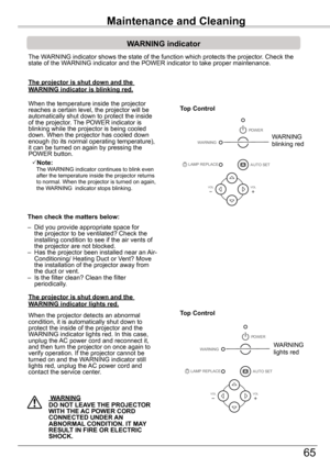 Page 6565
OK
P OWER
AU TO  S ET
MENU
LAMP REPLACE
WARNING
VOL
VOL
The WARNING indicator shows the state of the function which protects the proj\
ector. Check the state of the WARNING indicator and the POWER indicator to take proper maintenance. 
WARNING	indicator
The	projector	is	shut	down	and	the	WARNING	indicator	is	blinking	red.
When the temperature inside the projector reaches a certain level, the projector will be automatically shut down to protect the inside of the projector. The POWER indicator is...