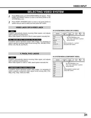 Page 3131
AV SYSTEM MENU (VIDEO OR S-VIDEO)
AV SYSTEM MENU (COMPONENT VIDEO)
SELECTING VIDEO SYSTEM
Press MENU button and ON-SCREEN MENU will appear.  Press
POINT LEFT/RIGHT buttons to move a red frame pointer to AV
SYSTEM Menu icon.
Press POINT UP/DOWN button to move a red arrow pointer to
system that you want to select and then press SET button.
1
2
If projector cannot reproduce proper video image, it is necessary to
select a specific broadcast signal format among PAL, SECAM, NTSC,
NTSC 4.43, PAL-M, and...