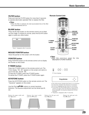 Page 29
9

Press the BLANK button on the remote control unit to black 
out the image. To restore to normal, press the BLANK button 
again or press any other button.
BLANK button
FILTER button
Press and hold the FILTER button for more than 5 seconds 
to operate electrically operated filter to replace the filter.
KEySTONE button
Reduce  the  upper  width  with Point e button. Re d u c e   t h e   l owe r   w i d t h with Point d button.  Reduce  the  left  part  with Point 7 button.  Reduce  the  right  part...