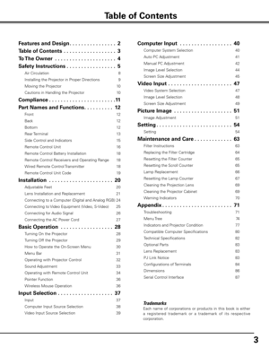 Page 33
Table of Contents
Features and Design . . . . . . . . . . . . . . . .2
Table of Contents   . . . . . . . . . . . . . . . . . . 3
To The Owner   . . . . . . . . . . . . . . . . . . . . . 4
Safety Instructions  . . . . . . . . . . . . . . . . . 5
Air Circulation  8
Installing the Projector in Proper Directions  9
Moving the Projector  10
Cautions in Handling the Projector  10
Compliance  . . . . . . . . . . . . . . . . . . . . . . . 11
Part Names and Functions  . . . . . . . . . .12
Front  12
Back  12...