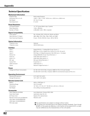 Page 8282
Technical Specifications
Mechanical Information 
 Projector Type  Multi-media Projector 
  Dimensions (W x H x D)  14.56” x 7.36” x 17.32” (370.0 mm x 187.0 mm x 439.9 mm) 
  Net Weight  25.1 lbs (11.4 kg) 
  Feet Adjustment  0˚ to 6.5˚           
 
Panel Resolution 
 LCD Panel System  1.3” TFT Active Matrix type, 3 panels  
  Panel Resolution  1,024 x 768 dots 
  Number of Pixels  2,359,296 (1,024 x 768 x 3 panels)           
 
Signal Compatibility 
 Color System PAL, SECAM, NTSC, NTSC4.43, PAL-M,...