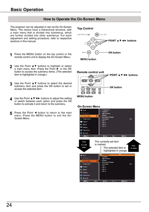 Page 24
4

Basic	Operation

OK
POWER
AUTO SET
MENU
LAMP REPLACE
WARNING
VOLVOL

How	to	Operate	the	On-Screen	Menu
The projector can be adjusted or set via the On-Screen Menu.  The  menus  have  a  hierarchical  structure,  with a  main  menu  that  is  divided  into  submenus,  which are  further  divided  into  other  submenus.  For  each adjustment  and  setting  procedure,  refer  to  respective sections in this manual.
Use  the  Point ▲▼  buttons  to  highlight  or  select a  main  menu  item.  Press...