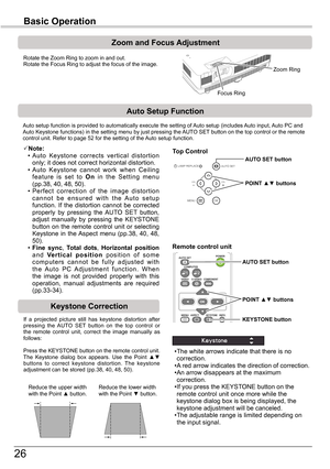 Page 26
6

Basic	Operation

Rotate the Zoom Ring to zoom in and out.  Rotate the Focus Ring to adjust the focus of the image.  
Zoom	and	Focus	Adjustment
If  a  projected  picture  still  has  keystone  distortion  after pressing  the  AUTO  SET  button  on  the  top  control  or the  remote  control  unit,  correct  the  image  manually  as follows:
Press the KEYSTONE button on the remote control unit. The  Keystone  dialog  box  appears.  Use  the  Point ▲▼ buttons  to  correct  keystone  distortion....