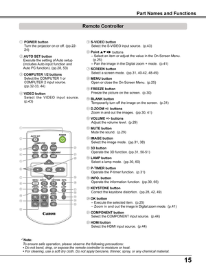 Page 1515
Part Names and Functions
Note:
To ensure safe operation, please observe the following precautions:
• Do not bend, drop, or expose the remote controller to moisture or heat.
• For cleaning, use a soft dry cloth. Do not apply benzene, thinner, spray, or any chemical material.
Remote Controller
② AUTO SET button                   
Execute the setting of Auto setup 
(includes Auto input function and 
Auto PC function). (pp.28, 53)
⑤ S-VIDEO button
Select the S-VIDEO input source.  (p.43)
⑥ Point ...