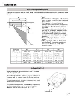 Page 17AB
C
ED
17
Positioning the Projector
For  projector  positioning,  see  the  figures  below. The  projector  should  be  set  perpendicularly  to  the  plane  of  the 
screen.
Installation
Note:
  • This  projector  is  not  equipped  with  an  optical 
zoom.  To  adjust  the  screen  size,  change  the 
throw distance.
 • The brightness in the room has a great 
influence on picture quality. It is recommended 
to limit ambient lighting in order to obtain the 
best image.
 • All measurements are...