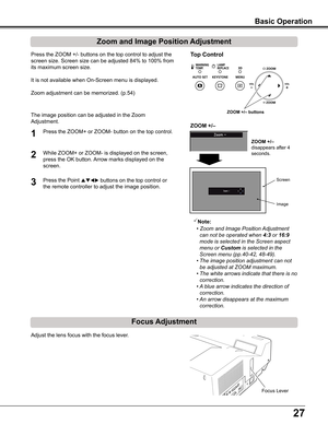 Page 2727
Zoom and Image Position Adjustment
Press the ZOOM +/- buttons on the top control to adjust the 
screen size. Screen size can be adjusted 84% to 100% from 
its maximum screen size.
It is not available when On-Screen menu is displayed.
Zoom adjustment can be memorized. (p.54)
Focus Adjustment
Adjust the lens focus with the focus lever.
Focus Lever
The image position can be adjusted in the Zoom 
Adjustment.
Top Control
ZOOM +/– buttons
1
2
3
Press the ZOOM+ or ZOOM- button on the top control.
While ZOOM+...