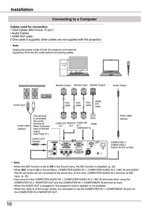 Page 1616
Installation
Connecting	to	a	Computer
Cables	used	for	connection	• VGA Cables (Mini D-sub 15 pin) *• Audio Cables• HDMI-DVI cable(*One cable is supplied; other cables are not supplied with the project\
or.)
 Note:
 • When the MIC function is set to Off in the Sound menu, the MIC function is disabled. (p. 26) • When MIC is set to On in Sound Menu, COMPUTER AUDIO IN 1, COMPUTER AUDIO IN 2 / MIC IN and AUDIO IN(L/R) terminals can be connected at the same time. At this time, COMPUTER AUDIO IN 2 terminal...