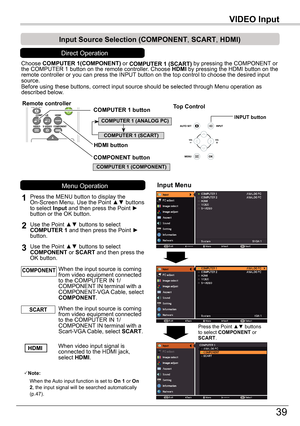 Page 3939
VIDEO	InputVIDEO	Input
Choose COMPUTER	1(COMPONENT) or COMPUTER	1	(SCART) by pressing the COMPONENT or the COMPUTER 1 button on the remote controller. Choose HDMI by pressing the HDMI button on the remote controller or you can press the INPUT button on the top control to choose the desired input source.Before using these buttons, correct input source should be selected thro\
ugh Menu operation as described below.
1
Input	Menu
2Use the Point ▲▼ buttons to select COMPUTER 1 and then press the Point ►...