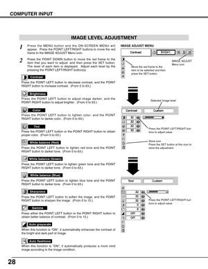 Page 2828
COMPUTER INPUT
Press the POINT LEFT/RIGHT but-
tons to adjust value.
Press the MENU button and the ON-SCREEN MENU will
appear.  Press the POINT LEFT/RIGHT buttons to move the red
frame to the IMAGE ADJUST Menu icon.1
2Press the POINT DOWN button to move the red frame to the
item that you want to adjust. and then press the SET button.
The level of each item is displayed.  Adjust each level by the
pressing the POINT LEFT/RIGHT button(s).
Move the red frame to the
item to be selected and then
press the...