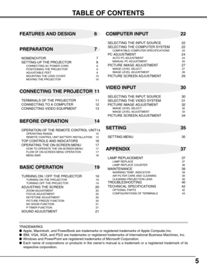 Page 55
TABLE OF CONTENTS
FEATURES AND DESIGN 6
BEFORE OPERATION 14COMPUTER INPUT 22
VIDEO INPUT 30
SETTING 35
APPENDIX 37 PREPARATION 7
NOMENCHTOR 7
SETTING-UP THE PROJECTOR 8
CONNECTING AC POWER CORD 8
POSITIONING THE PROJECTOR 9
ADJUSTABLE FEET 9
MOUNTING THE LENS COVER 10
MOVING THE PROJECTOR 10
CONNECTING THE PROJECTOR 11
TERMINALS OF THE PROJECTOR 11
CONNECTING TO A COMPUTER 12
CONNECTING VIDEO EQUIPMENT 13
OPERATION OF THE REMOTE CONTROL UNIT14
OPERATING RANGE 15
REMOTE CONTROL UNIT BATTERY INSTALLATION...