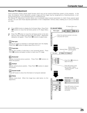 Page 2525
Computer Input
Manual PC Adjustment
Some computers employ special signal formats which may not be tuned by Multi-Scan system of this projector.  In this
case, the projector cannot reproduce a proper image and the image may be recognized as a flickering picture, a non-
synchronized picture, a non-centered picture or a skewed picture.
The Manual PC Adjustment function allows you to precisely adjust several parameters to match those special signal
formats. You can store those adjusted parameters in the 5...