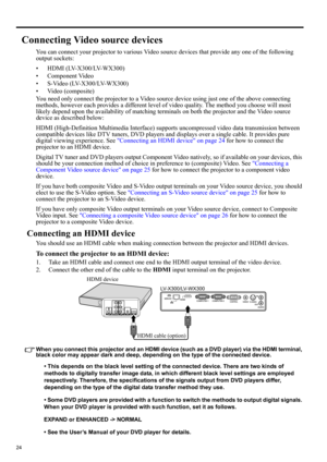 Page 2424
Connecting Video source devices
You can connect your projector to various Video source devices that provide any one of the following 
output sockets:
• HDMI (LV-X300/LV-WX300)
• Component Video
• S-Video (LV-X300/LV-WX300)
• Video (composite)
You need only connect the projector to a Video source device using just one of the above connecting 
methods, however each provides a different level of video quality. The method you choose will most 
likely depend upon the availability of matching terminals on...