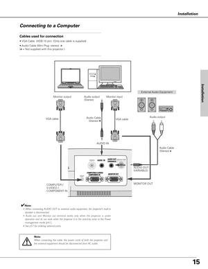 Page 1515
Installation
Installation
Connecting to a Computer
COMPUTER/ S-VIDEO/COMPUTER/ S-VIDEO/COMPONENT IN
AUDIO  INVIDEO SERVICE PORT 
RESET
AUDIO OUT(VARIABLE)
MONITOR OUTMONITOR OUT
Cables used for connection
• VGA Cable  (HDB 15 pin)  (Only one cable is supplied)
• Audio Cable (Mini Plug: stereo)
✽
(✽= Not supplied with this projector.)
External Audio Equipment
VGA cable  
VGA cable 
Note:
When connecting the cable, the power cords of both the projector and
the external equipment should be disconnected...