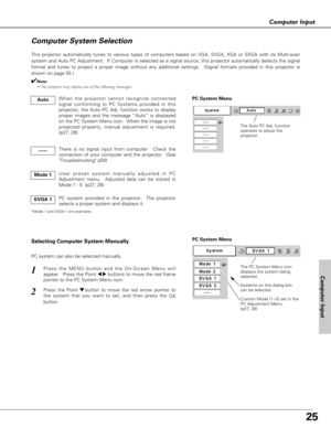 Page 2525
Computer Input
The Auto PC Adj. function
operates to adjust the
projector. 
PC System Menu
The PC System Menu icon 
displays the system being
selected.
Systems on this dialog box
can be selected.Press the MENU button and the On-Screen Menu will
appear.  Press the Point 
7 8buttons to move the red frame
pointer to the PC System Menu icon.
Press the Point d d 
 button to move the red arrow pointer to
the system that you want to set, and then press the 
OK
button.  
1
2
PC System Menu
Custom Mode (1~5)...