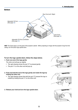 Page 145
1. Introduction
Bottom
Adjustable Tilt  Foot
(See page 23)
Adjustable Tilt Foot Lock Button
(See page 23)Lamp Cover
(See page 53)
Rear Foot (Left / Right)
HINT: The Canon logo is on the panel of the projector cabinet . When projecting an image with the projector hung from the
ceiling, turn the Canon logo upside down.
To turn the logo upside down, follow the steps below.
1. Push one end of the logo gently.
The other end will pop up slightly.
•The right drawing shows the part “C” is pressed gently.
•The...