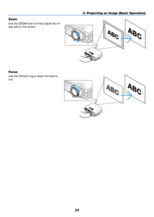 Page 3324
3. Projecting an Image (Basic Operation)
Focus
Use the FOCUS ring to obtain the best fo-
cus.
Zoom
Use the ZOOM lever to finely adjust the im-
age size on the screen. 