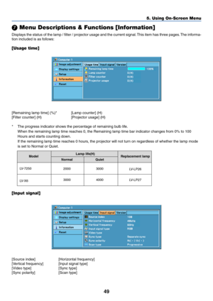 Page 5849
5. Using On-Screen Menu
 Menu Descriptions & Functions [Information]
Displays the status of the lamp / filter / projector usage and the current signal. This item has three pages. The informa-
tion included is as follows:
[Usage time]
[Remaining lamp time] (%)* [Lamp counter] (H)
[Filter counter] (H) [Projector usage] (H)
*The progress indicator shows the percentage of remaining bulb life.
When the remaining lamp time reaches 0, the Remaining lamp time bar indicator changes from 0% to 100
Hours and...