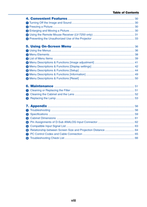 Page 9viii
Table of Contents
4. Convenient Features......................................................................30
 Turning Off the Image and Sound ............................................................................... 30
 Freezing a Picture ....................................................................................................... 30
 Enlarging and Moving a Picture .................................................................................. 30
 Using the Remote Mouse...