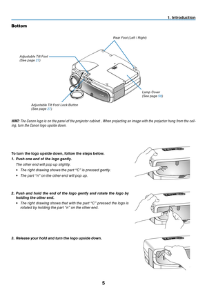 Page 14
5
. Introduction
Bottom
a djustable t ilt foot
( s ee page 27)
adjustable t ilt foot l ock Button
( s ee page 27) l
amp Cover
( s ee page 
58)
r
ear f oot (left / r ight)
HINT: The Canon logo is on the panel of the projector cabinet . When projecting an image with the projector hung from the ceil-
ing, turn the Canon logo upside down.
To turn the logo upside down, follow the steps below.
1.	 Push	one	end	of	the	logo	gently.
  the other end will pop up slightly.
•  t he right drawing shows the part...