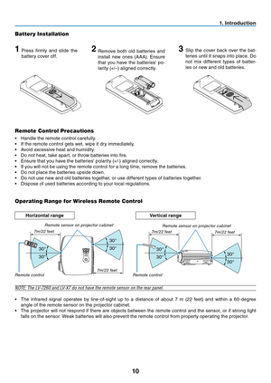 Page 19
0
. Introduction
Remote Control Precautions
•  Handle the remote control carefully.
•  If the remote control gets wet, wipe it dry immediately.
•  Avoid excessive heat and humidity.
•  Do not heat, take apart, or throw batteries into fire.
•  Ensure that you have the batteries' polarity (+/-) aligned correctly.
•  If you will not be using the remote control for a long time, remove the batteries.
•  Do not place the batteries upside down.
•  Do not use new and old batteries together, or use...