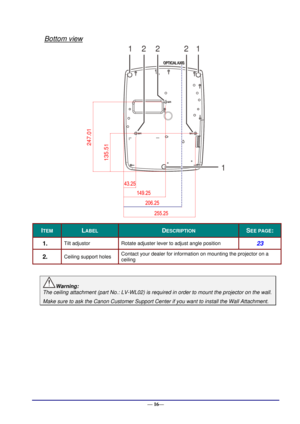 Page 22 
— 16— 
Bottom view 
 
ITEM LABEL DESCRIPTION SEE PAGE: 
1.  Tilt adjustor Rotate adjuster lever to adjust angle position 23 
2.  Ceiling support holes Contact your dealer for information on mounting the projector on a 
ceiling 
 
Warning: 
The ceiling attachment (part No.: LV-WL02) is required in order to mount the projector on the wall. 
Make sure to ask the Canon Customer Support Center if you want to install the Wall Attachment. 
 
 247.01
135.51
1222
1
1   