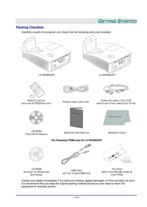 Page 17 — 11— 
GETTING STARTED 
Packing Checklist 
Carefully unpack the projector and check that the following items are included:   
 
LV-WX300UST LV-WX300UST
I  
   
R
EMOTE CONTROL  
(WITH ONE 3V CR2025 BATTERY)  POWER CORD (1.8 M / 5.9)  COMPUTER CABLE (1.8 M / 5.9) 
(
MINI D-SUB 15-PIN / MINI D-SUB 15-PIN) 
   
CD-ROM
  
(T
HIS USER’S MANUAL)  IMPORTANT INFORMATION WARRANTY CARD 
  The Following ITEMS only for LV-WX300USTi   
    
CD-ROM 
(I
NTERACTIVE DRIVER AND 
SOFTWARE)  USB
 CABLE 
(A-T
YPE TO MINI...