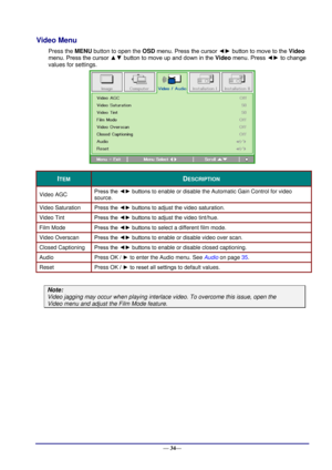 Page 40 
— 34— 
Video Menu  
Press the MENU button to open the OSD menu. Press the cursor ◄► button to move to the Video 
menu. Press the cursor ▲▼ button to move up and down in the Video menu. Press ◄► to change 
values for settings. 
 
ITEM DESCRIPTION 
Video AGC Press the ◄► buttons to enable or disable the Automatic Gain Control for video 
sourceK 
Video Saturation Press the ◄► buttons to adjust the video saturationK 
Video Tint Press the ◄► buttons to adjust the video tint/hueK 
Film Mode Press the ◄►...