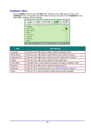 Page 42 
— 36— 
Installation I Menu  
Press the MENU button to open the OSD menu. Press the cursor ◄► button to move to the 
Installation I menu. Press the cursor ▲▼ button to move up and down in the Installation I menu. 
Press ◄► to change values for settings. 
 
ITEM DESCRIPTION 
Language Press the cursor ◄► button to select a different localization Menu. 
Blank Screen Press the cursor ◄► button to select different color to blank the screen. 
Image Flip H/V Press the cursor ◄► button to choose from four Image...