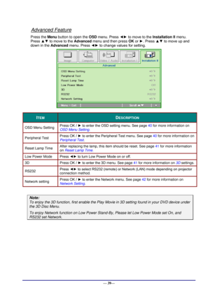 Page 45 
— 39— 
Advanced Feature 
Press the Menu button to open the OSD menu. Press ◄► to move to the Installation II menu. 
Press ▲▼ to move to the Advanced menu and then press OK or ►. Press ▲▼ to move up and 
down in the Advanced menu. Press ◄► to change values for setting. 
 
ITEM DESCRIPTION 
OSD Menu Setting Press OK / ► to enter the OSD setting menu. See page 40 for more information on 
OSD Menu Setting. 
Peripheral Test Press OK / ► to enter the Peripheral Test menu. See page 40 for more information on...