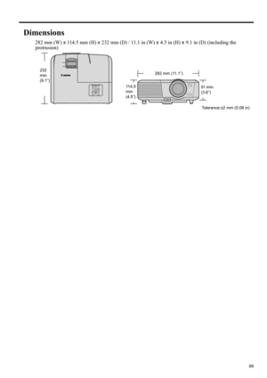 Page 6969
ENGLISH
Dimensions
282 mm (W) x 114.5 mm (H) x 232 mm (D) / 11.1 in (W) x 4.5 in (H) x 9.1 in (D) (including the 
protrusion)
282 mm (11.1”) 232 
mm 
(9.1”)
114.5 
mm 
(4.5”)
Tolerance:±2 mm (0.08 in) 91 mm 
(3.6”) 