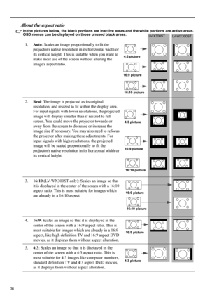 Page 3636
About the aspect ratio
In the pictures below, the black portions are inactive areas and the white portions are active areas. 
OSD menus can be displayed on those unused black areas.
1.Auto: Scales an image proportionally to fit the 
projectors native resolution in its horizontal width or 
its vertical height. This is suitable when you want to 
make most use of the screen without altering the 
images aspect ratio.
2.Real: The image is projected as its original 
resolution, and resized to fit within the...