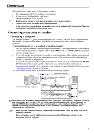 Page 2323
ENGLISH
Connection
When connecting a signal source to the projector, be sure to:
1. Turn all equipment off before making any connections.
2. Use the correct signal cables for each source.
3. Ensure the cables are firmly inserted. 
• See the user’s manual of each device for details about its connections. 
• Contact your dealer for details about its connections. 
• In the connections shown below, some cables may not be included with the projector. They are 
commercially available from electronics...