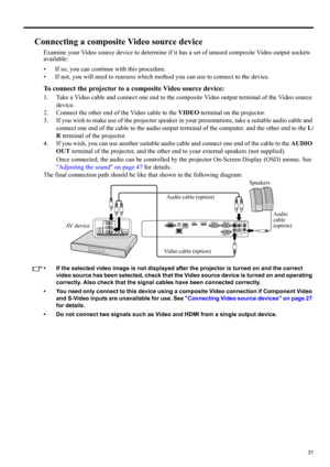 Page 3131
ENGLISH
Connecting a composite Video source device
Examine your Video source device to determine if it has a set of unused composite Video output sockets 
available: 
• If so, you can continue with this procedure.
• If not, you will need to reassess which method you can use to connect to the device.
To connect the projector to a composite Video source device:
1. Take a Video cable and connect one end to the composite Video output terminal of the Video source 
device.
2. Connect the other end of the...