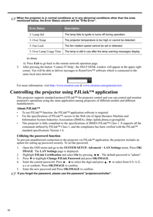 Page 5454
When the projector is in normal conditions or in any abnormal conditions other than the ones 
mentioned below, the Error Status column will be 0:No Error.
(3 = Error)
iii. Press Exit to go back to the remote network operation page.
5. After pressing the button ‘Contact IT Help’, the HELP DESK window will appear at the upper right 
corner. You will be able to deliver messages to RoomView™ software which is connected to the 
same local area network.
For more information, visit http://www.crestron.com &...