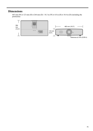 Page 7575
ENGLISH
Dimensions
465 mm (W) x 123 mm (H) x 264 mm (D) / 18.3 in (W) x 4.8 in (H) x 10.4 in (D) (including the 
protrusion)
465 mm (18.3”) 264 
mm 
(10.4”)
Tolerance:±2 mm (0.08 in) 123 mm 
(4.8”) 