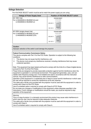 Page 126
Voltage Selection
The VOLTAGE SELECT switch must be set to match the power supply you are using:
Voltage of Power Supply UsedPosition of VOLTAGE SELECT switch
AC 100V Inlet
For  LX-MU800Z/LX-MU600Z (U) and 
 LX-MU800Z/LX-MU600Z (J)200-240 V~ VOLTAGE SELECT
100-130 V~
L