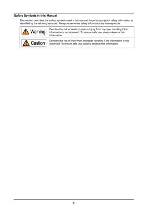 Page 1610
Safety Symbols in this Manual
This section describes the safety symbols used in this manual. Important\
 projector safety information is 
identified by the following symbols. Always observe the safety information by these symbols.
  Warning
Denotes the risk of death or serious injury from improper handling if th\
e 
information is not observed. To ensure safe use, always observe this 
information.
  Caution
Denotes the risk of injury from improper handling if the information is \
not 
observed. To...