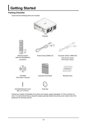 Page 2317
Getting Started
Packing Checklist
Check that the following items are included:
Projector
MENUEXITENTER
1
4
70
89
6 3
5
2
Remote Control  
(with two AA batteries)
(LX-RC01)
Power Cord (2.5M/8.2 ft)Computer Cable (1.8M/5.9 ft)
(mini D-sub 15-pin/  
mini D-sub 15-pin)
CD-ROM 
(This User’s manual)
Important InformationWarranty Card
Anti-theft Screw for Lens  
M4 x 0.7 x 70 mm
Dust Cap
Contact your dealer immediately if any items are missing, appear damaged\
, or if the unit does not 
work. It is recommend...