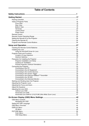 Page 4iii
Table of Contents
Safety Instructions ........................................................................\
...............................1
Getting Started ........................................................................\
......................................17
Packing Checklist ..............................................................................................................................17
Views of Projector Parts...