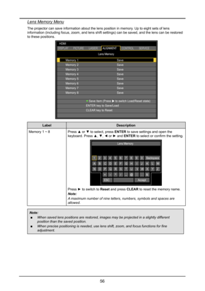 Page 6256
Lens Memory Menu
The projector can save information about the lens position in memory. Up to eight sets of lens 
information (including focus, zoom, and lens shift settings) can be sa\
ved, and the lens can be restored 
to these positions.
Lens Memory
Memory 1
Memory 2
Memory 3
Memory 4
Memory 5
Memory 6
Memory 7
Memory 8
Save Item (Press     to switch Load/Reset state)
ENTER key to Save/Load
CLEAR key to Reset
Save
Save
Save
Save
Save
Save
Save
Save
HDMI
DISPLAYPICTURELASERALIGNMENT
CONTROLSERVICE...